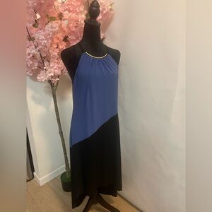 White House Black Market Maxi Dress M Blue Black Asymmetrical Halter Gold Detail